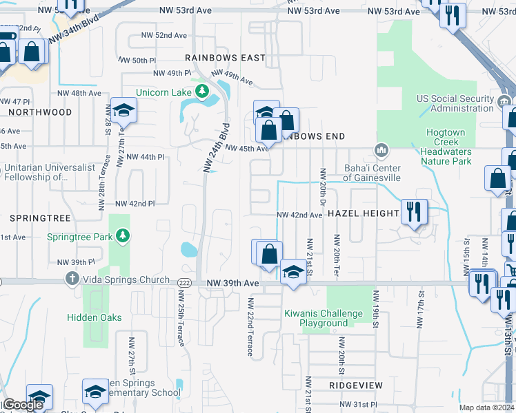 map of restaurants, bars, coffee shops, grocery stores, and more near 2239 Northwest 42nd Place in Gainesville