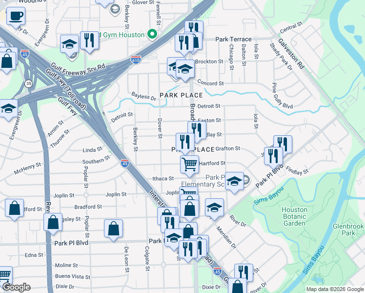 map of restaurants, bars, coffee shops, grocery stores, and more near 8041 Grafton Street in Houston