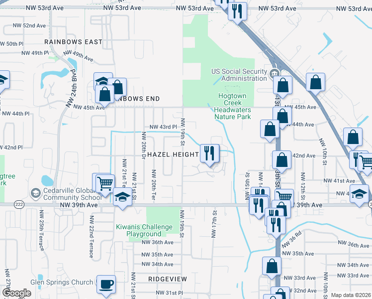 map of restaurants, bars, coffee shops, grocery stores, and more near 1854 Northwest 42nd Avenue in Gainesville