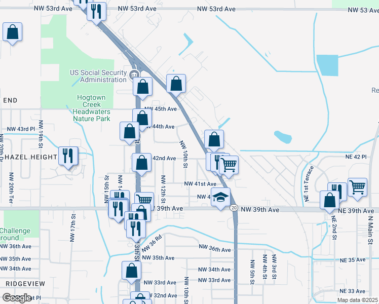 map of restaurants, bars, coffee shops, grocery stores, and more near 4206 Northwest 10th Street in Gainesville