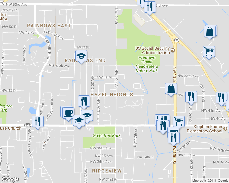 map of restaurants, bars, coffee shops, grocery stores, and more near 1905 Northwest 42nd Place in Gainesville
