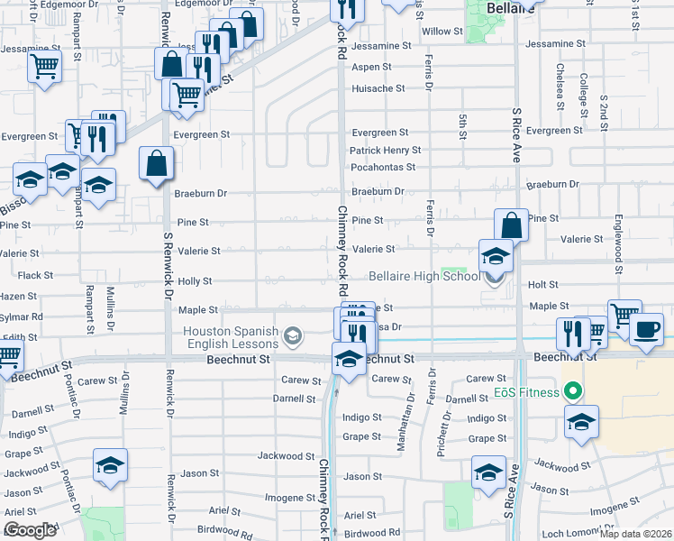 map of restaurants, bars, coffee shops, grocery stores, and more near 5300 Holly Street in Bellaire
