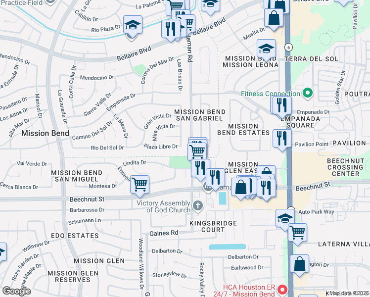 map of restaurants, bars, coffee shops, grocery stores, and more near 15111 Plaza Libre Drive in Houston