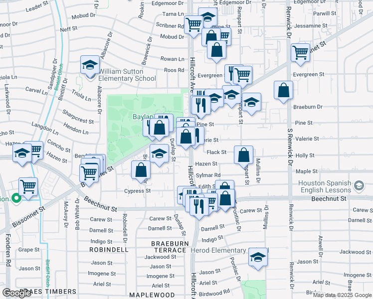 map of restaurants, bars, coffee shops, grocery stores, and more near 7930 Hillcroft Avenue in Houston