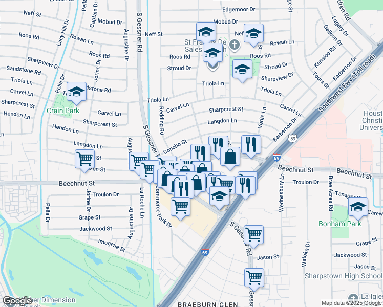 map of restaurants, bars, coffee shops, grocery stores, and more near 8419 Hazen Street in Houston