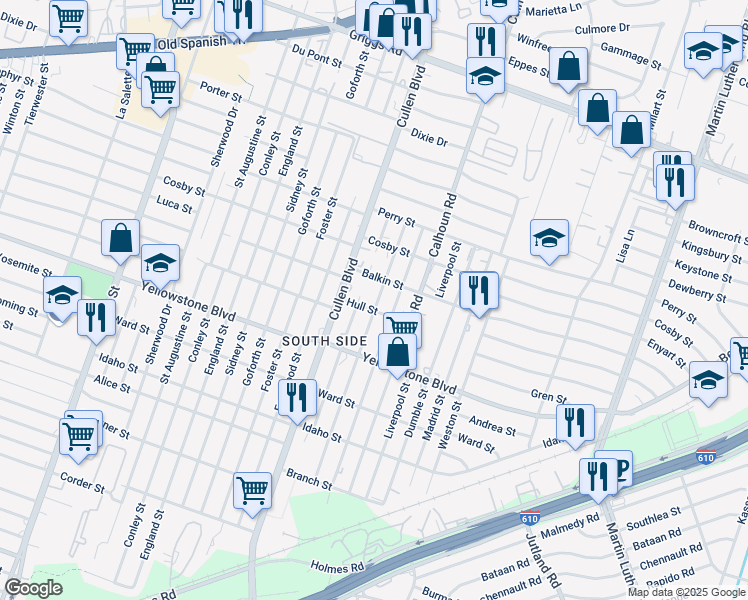 map of restaurants, bars, coffee shops, grocery stores, and more near 6531 New York Street in Houston