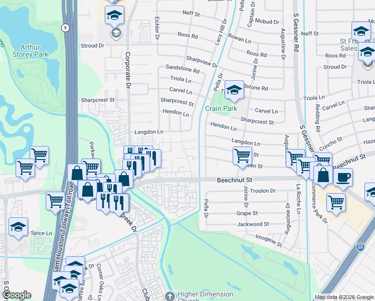 map of restaurants, bars, coffee shops, grocery stores, and more near 7979 Kendalia Drive in Houston
