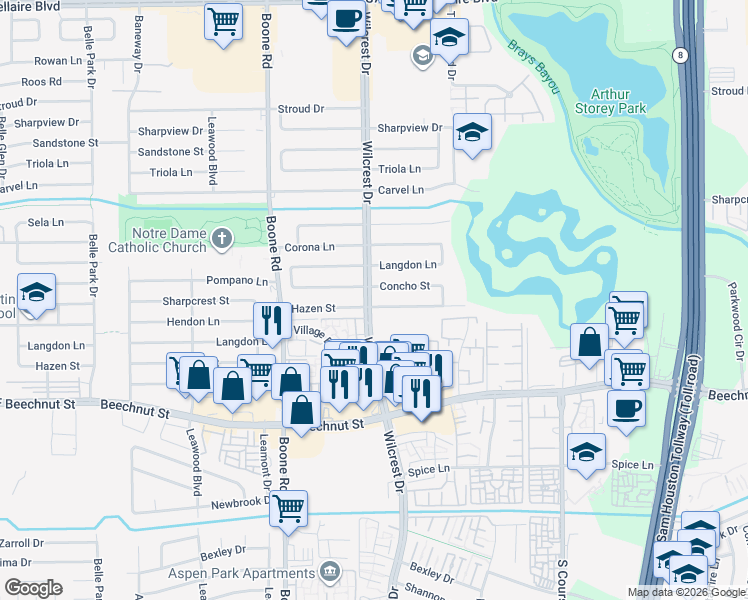 map of restaurants, bars, coffee shops, grocery stores, and more near 10834 Hazen Street in Houston