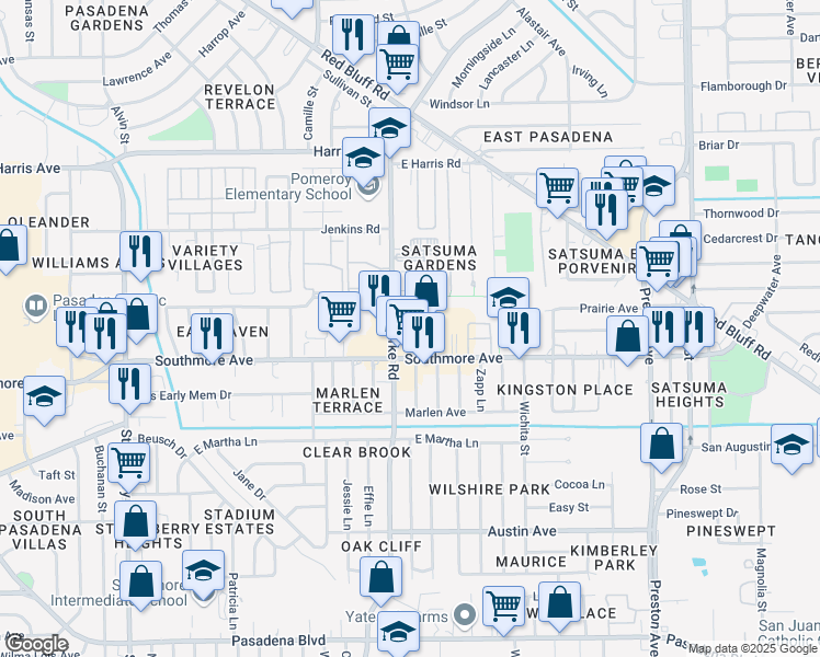 map of restaurants, bars, coffee shops, grocery stores, and more near 2211 Burke Road in Pasadena