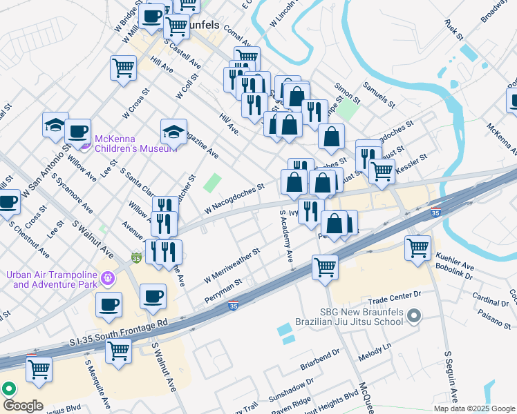 map of restaurants, bars, coffee shops, grocery stores, and more near 399 Elliot Knox Boulevard in New Braunfels