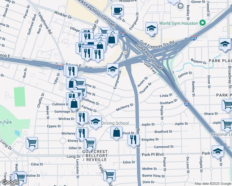 map of restaurants, bars, coffee shops, grocery stores, and more near 7507 Thurow Street in Houston