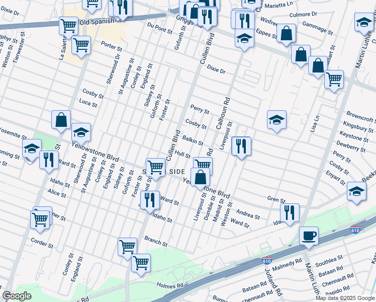 map of restaurants, bars, coffee shops, grocery stores, and more near 6531 New York Street in Houston