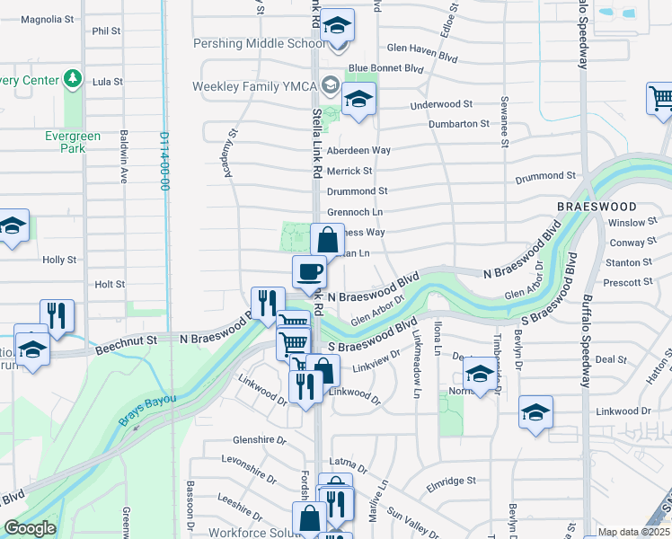 map of restaurants, bars, coffee shops, grocery stores, and more near 8429 Stella Link Road in Houston