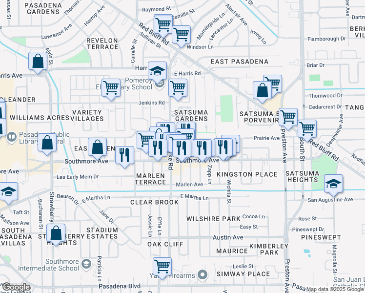 map of restaurants, bars, coffee shops, grocery stores, and more near 2211 Burke Road in Pasadena