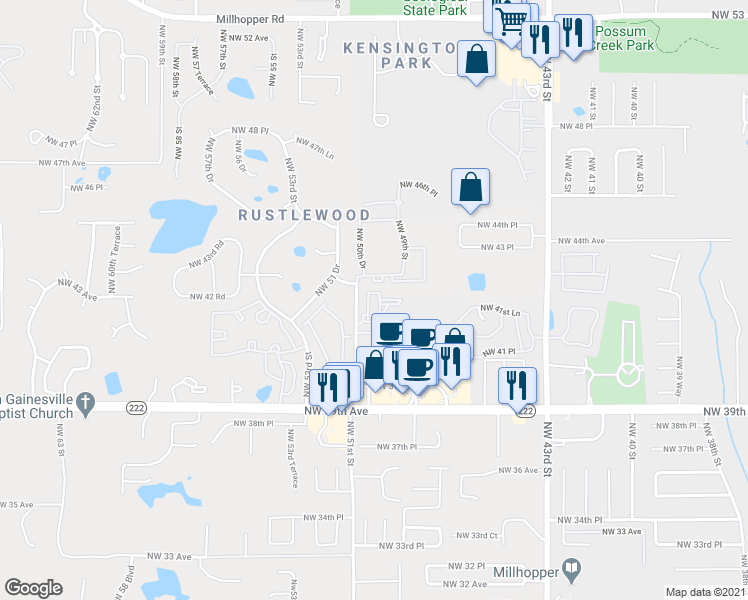 map of restaurants, bars, coffee shops, grocery stores, and more near 4180 Northwest 50th Terrace in Gainesville