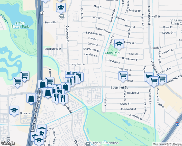 map of restaurants, bars, coffee shops, grocery stores, and more near 9215 Westwood Village Drive in Houston