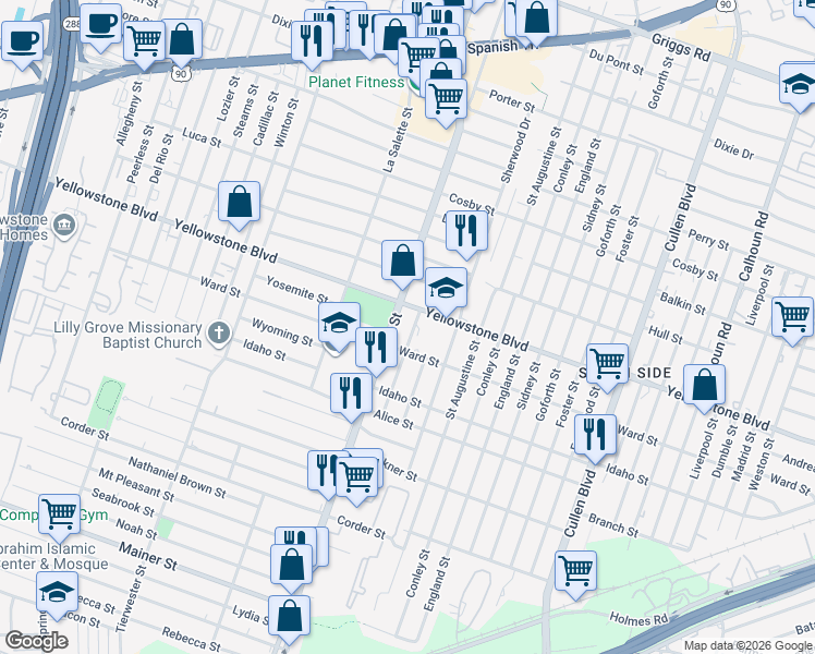 map of restaurants, bars, coffee shops, grocery stores, and more near 6718 Driftwood Street in Houston