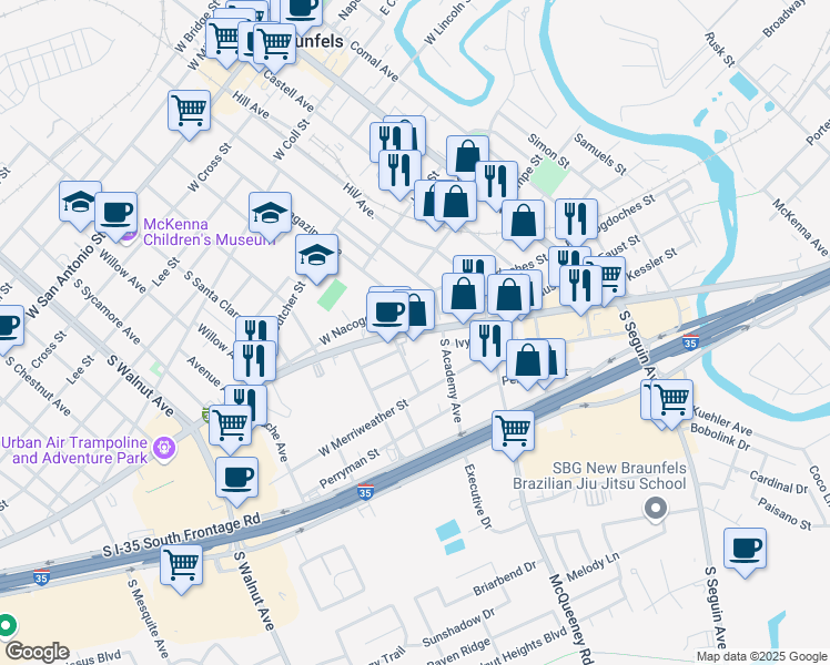 map of restaurants, bars, coffee shops, grocery stores, and more near 463 North Business Interstate Highway 35 in New Braunfels