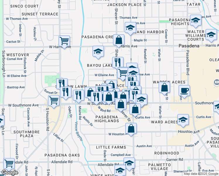 map of restaurants, bars, coffee shops, grocery stores, and more near 201 Denham Avenue in Pasadena