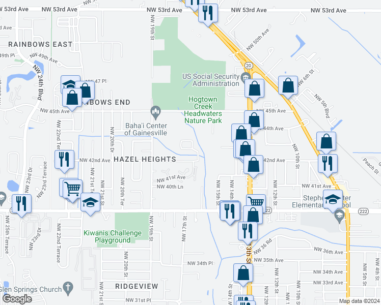 map of restaurants, bars, coffee shops, grocery stores, and more near 1627 Northwest 42nd Place in Gainesville