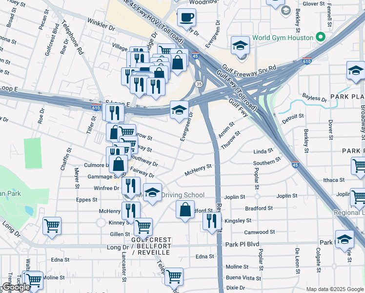 map of restaurants, bars, coffee shops, grocery stores, and more near 7507 Thurow Street in Houston