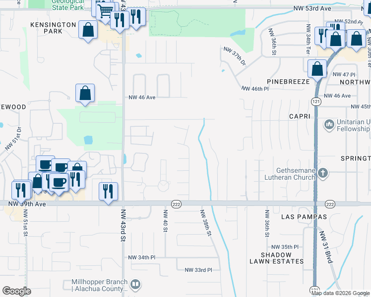 map of restaurants, bars, coffee shops, grocery stores, and more near 4209 NW 39th Way in Gainesville
