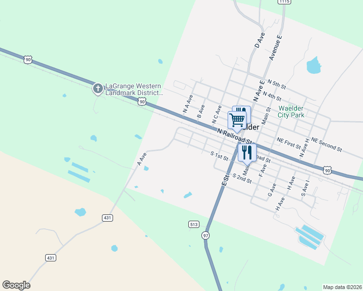 map of restaurants, bars, coffee shops, grocery stores, and more near 201 Avenue A in Waelder