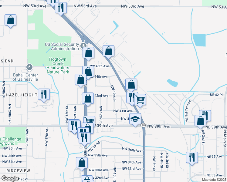map of restaurants, bars, coffee shops, grocery stores, and more near 4206 Northwest 10th Street in Gainesville