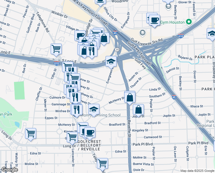 map of restaurants, bars, coffee shops, grocery stores, and more near 7507 Thurow Street in Houston