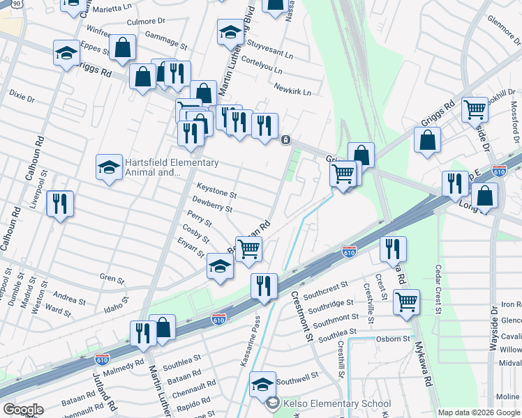 map of restaurants, bars, coffee shops, grocery stores, and more near 5339 Dewberry Street in Houston