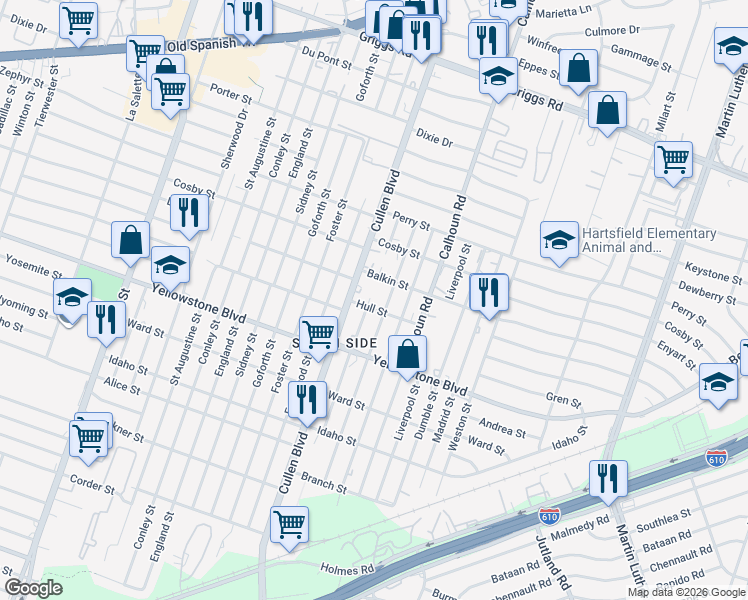 map of restaurants, bars, coffee shops, grocery stores, and more near 6531 New York Street in Houston