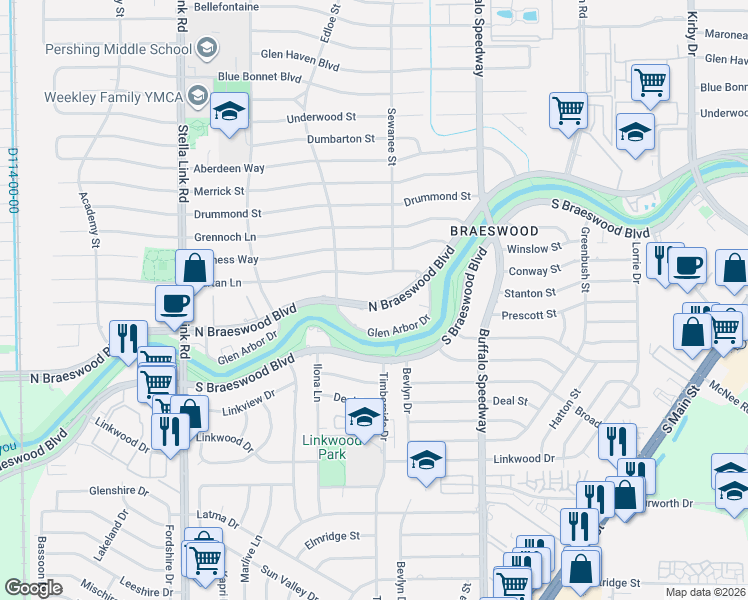 map of restaurants, bars, coffee shops, grocery stores, and more near 3607 North Braeswood Boulevard in Houston