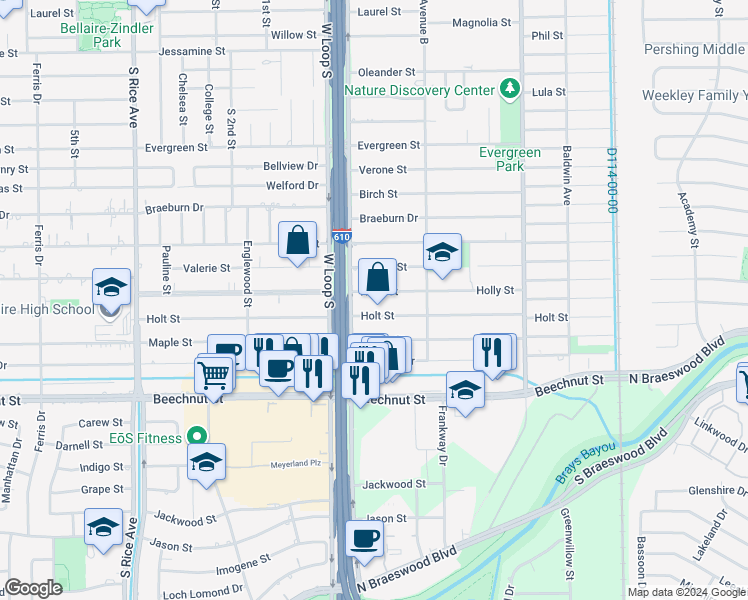 map of restaurants, bars, coffee shops, grocery stores, and more near 4614 Holt Street in Bellaire