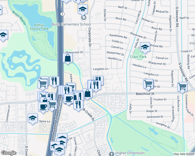 map of restaurants, bars, coffee shops, grocery stores, and more near 9510 Corporate Drive in Houston