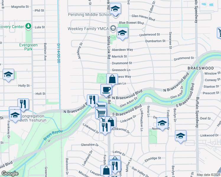 map of restaurants, bars, coffee shops, grocery stores, and more near 8415 Stella Link Road in Houston