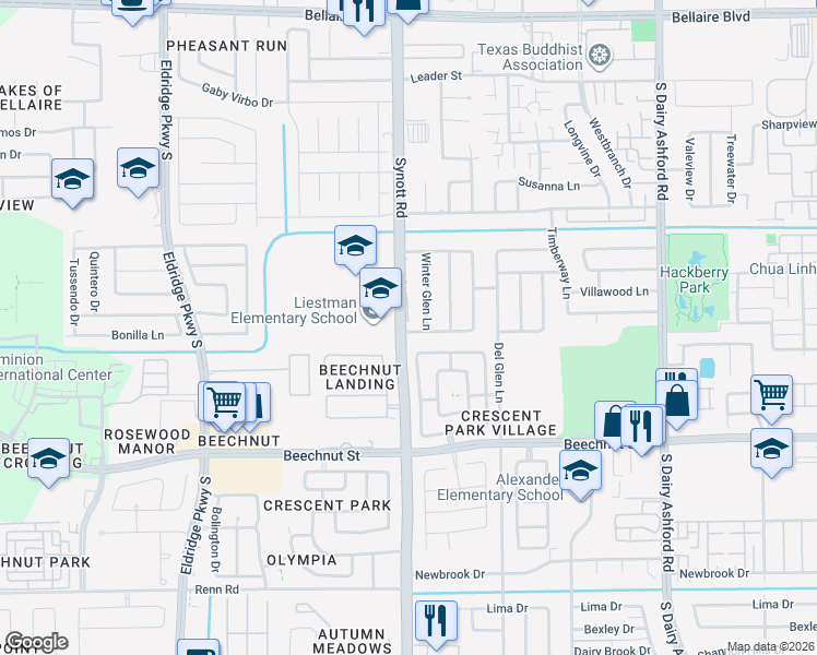 map of restaurants, bars, coffee shops, grocery stores, and more near 7755 Synott Road in Houston
