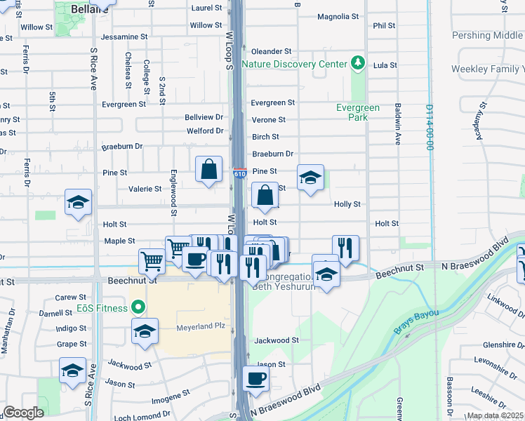 map of restaurants, bars, coffee shops, grocery stores, and more near 4614 Holt Street in Bellaire