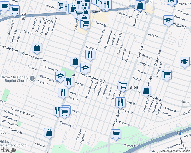 map of restaurants, bars, coffee shops, grocery stores, and more near 4114 Yellowstone Boulevard in Houston