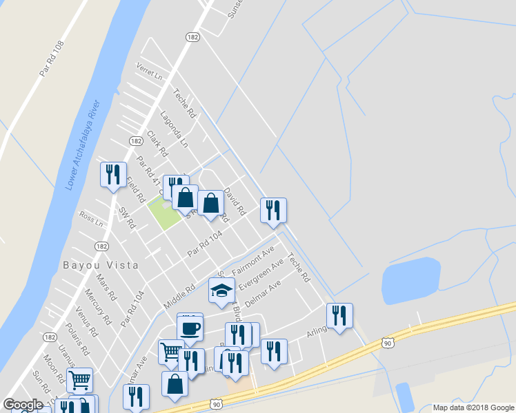map of restaurants, bars, coffee shops, grocery stores, and more near 1817 Par Road 104 in Morgan City