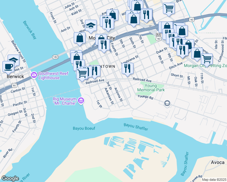map of restaurants, bars, coffee shops, grocery stores, and more near 302 3rd Street in Morgan City