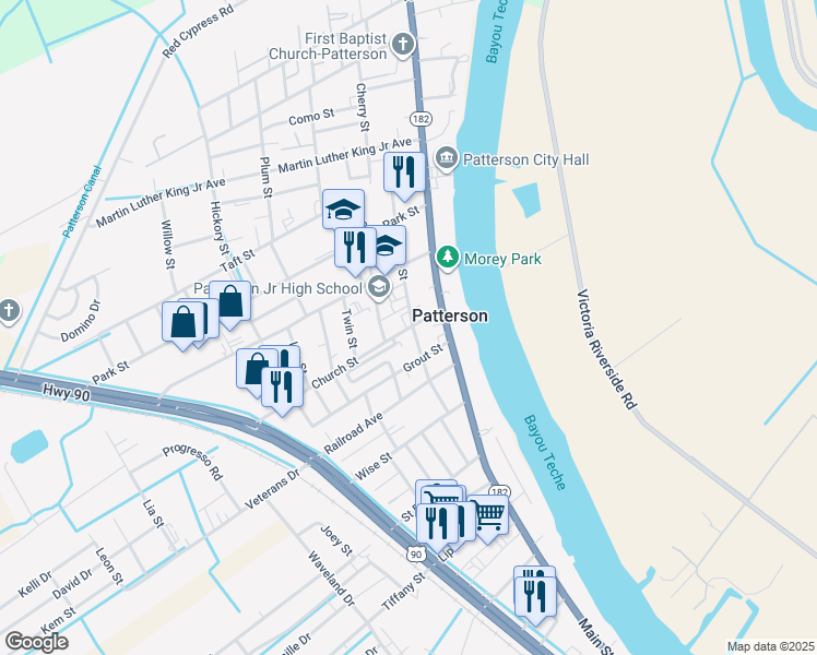 map of restaurants, bars, coffee shops, grocery stores, and more near 1101 1st Street in Patterson