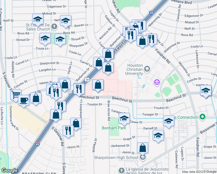 map of restaurants, bars, coffee shops, grocery stores, and more near 7600 Beechnut Street in Houston