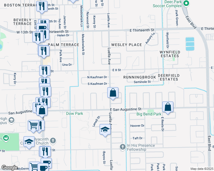 map of restaurants, bars, coffee shops, grocery stores, and more near 1014 South Kaufman Drive in Deer Park