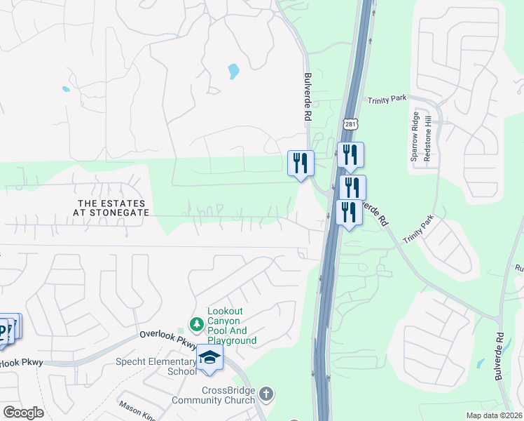 map of restaurants, bars, coffee shops, grocery stores, and more near 2347 Estate Gate Drive in San Antonio