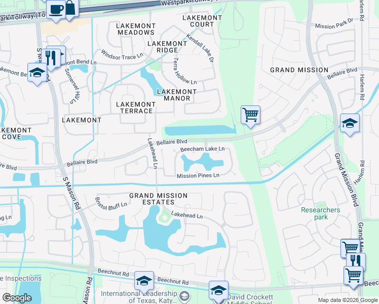 map of restaurants, bars, coffee shops, grocery stores, and more near 7406 Beecham Lake Court in Richmond