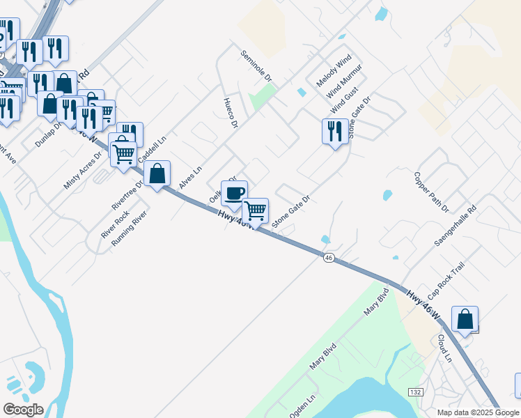 map of restaurants, bars, coffee shops, grocery stores, and more near 212 Sapphire Drive in New Braunfels