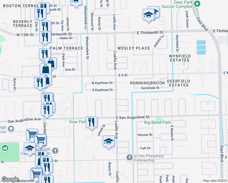 map of restaurants, bars, coffee shops, grocery stores, and more near 1014 South Kaufman Drive in Deer Park