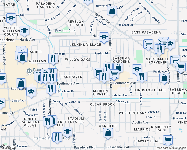 map of restaurants, bars, coffee shops, grocery stores, and more near 1911 Southmore Avenue in Pasadena