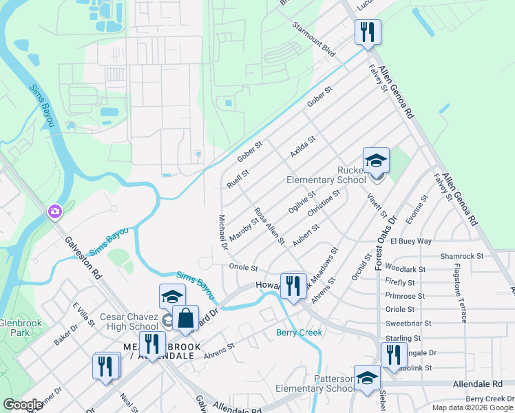 map of restaurants, bars, coffee shops, grocery stores, and more near 1311 Maroby Street in Houston