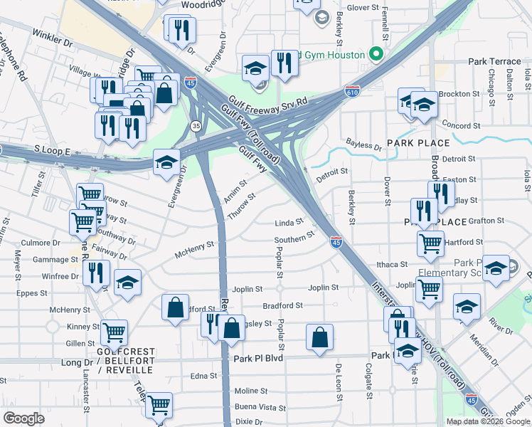 map of restaurants, bars, coffee shops, grocery stores, and more near 7657 Linda Street in Houston